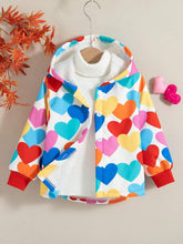 Girls Fashionable Casual Outerwear Jacket, Heart Print, Front Button, Long Sleeve, Hooded, Fleece Lining For Autumn/Winter